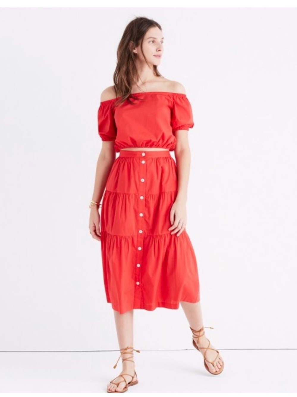 Madewell Red Button-Front Tiered Midi Skirt - Picture 3 of 8